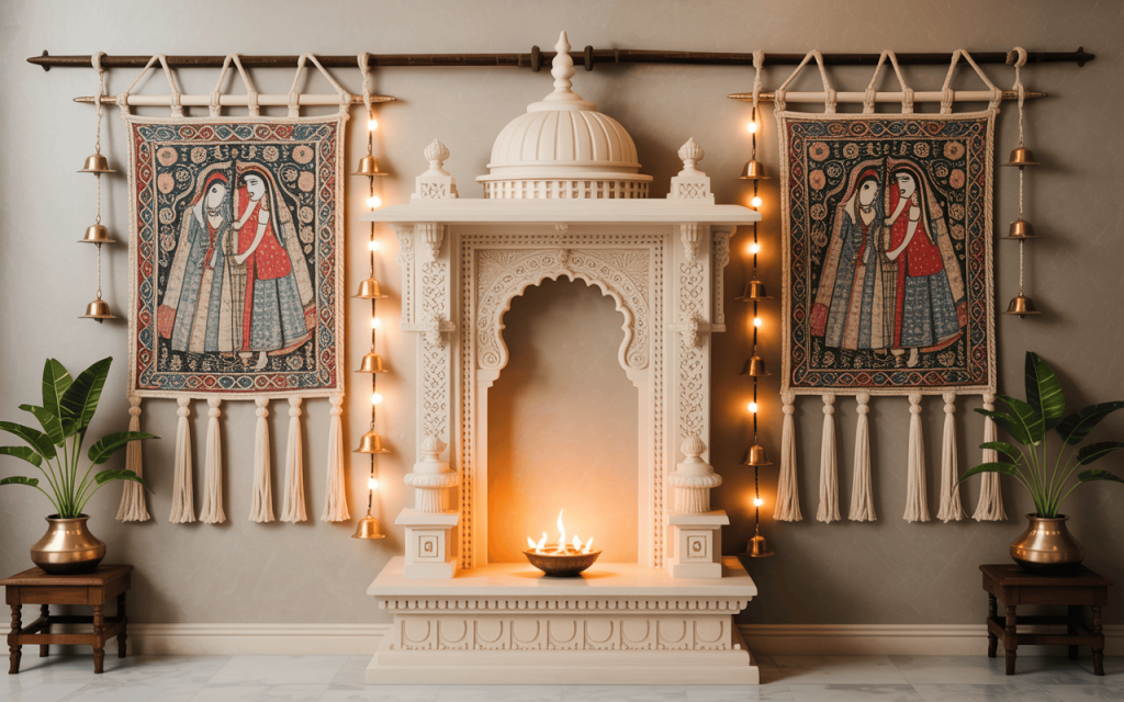 Artistic navratri mandir decoration at home with bells, paintings and warm lighting
