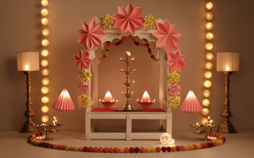 Creative navratri mandir decoration ideas with paper flowers and festive lighting