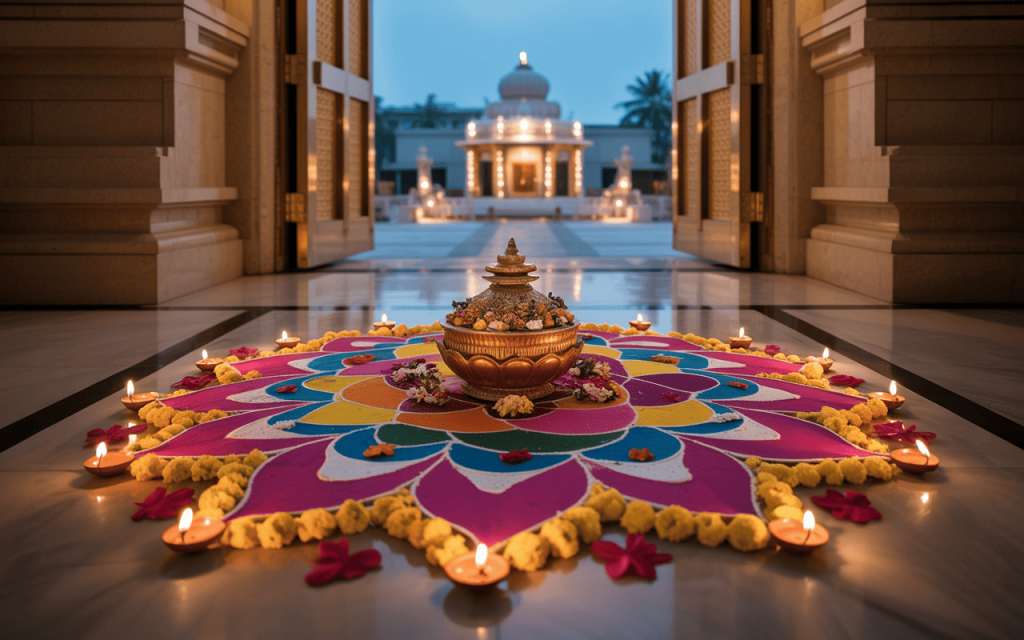 Colorful navratri mandir decoration with rangoli, kalash and traditional oil lamps