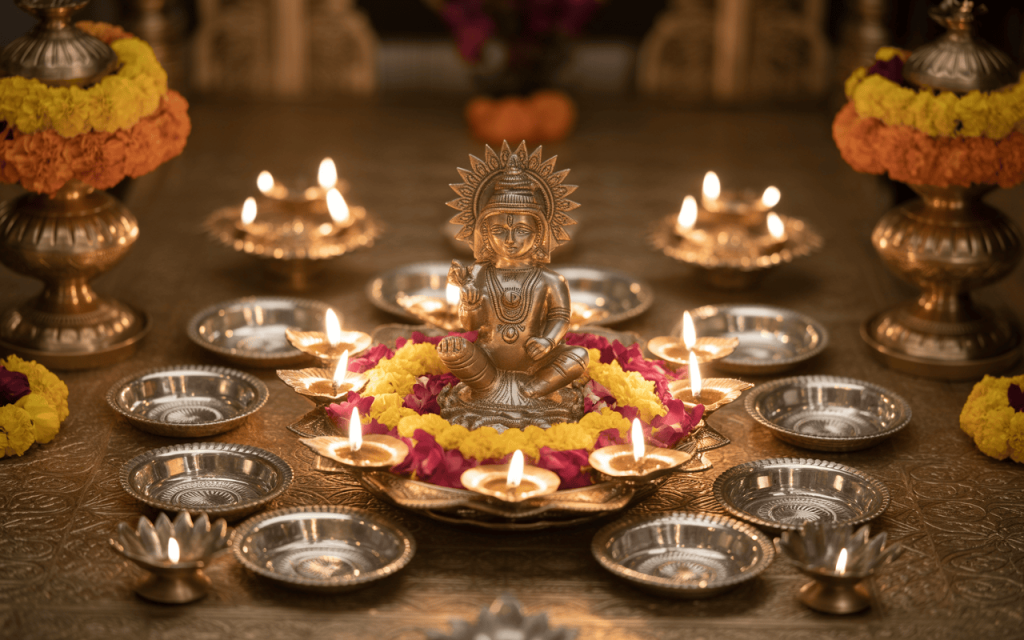 Sacred navratri mandir decoration at home with lamps and floral arrangements
