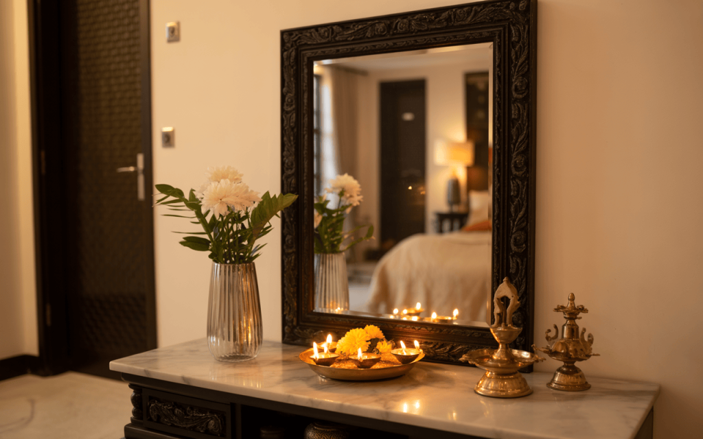 Modern navratri mandir decoration at home with diyas, mirror and fresh flowers