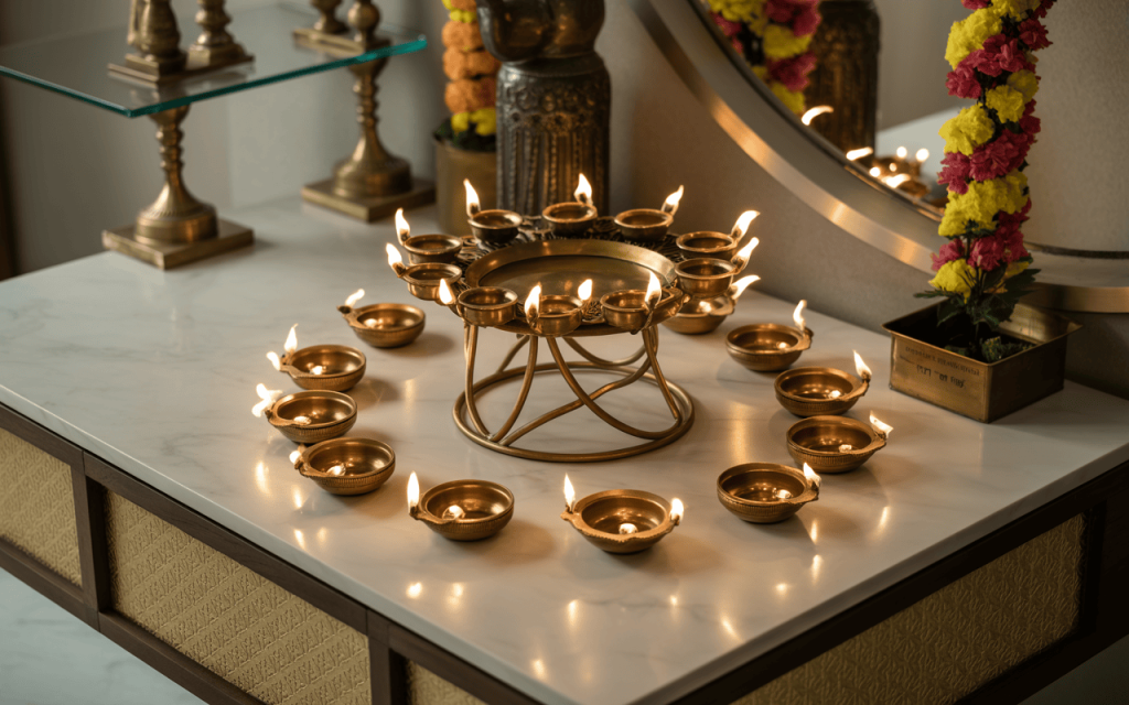 Radiant navratri mandir decoration with brass diyas on marble for divine vibes