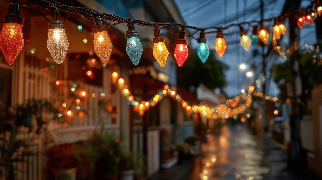 Festive navratri mandir decoration ideas with colorful lights on evening street
