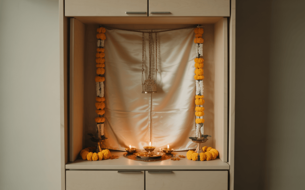 Minimal navratri mandir decoration at home with diyas and marigold garlands