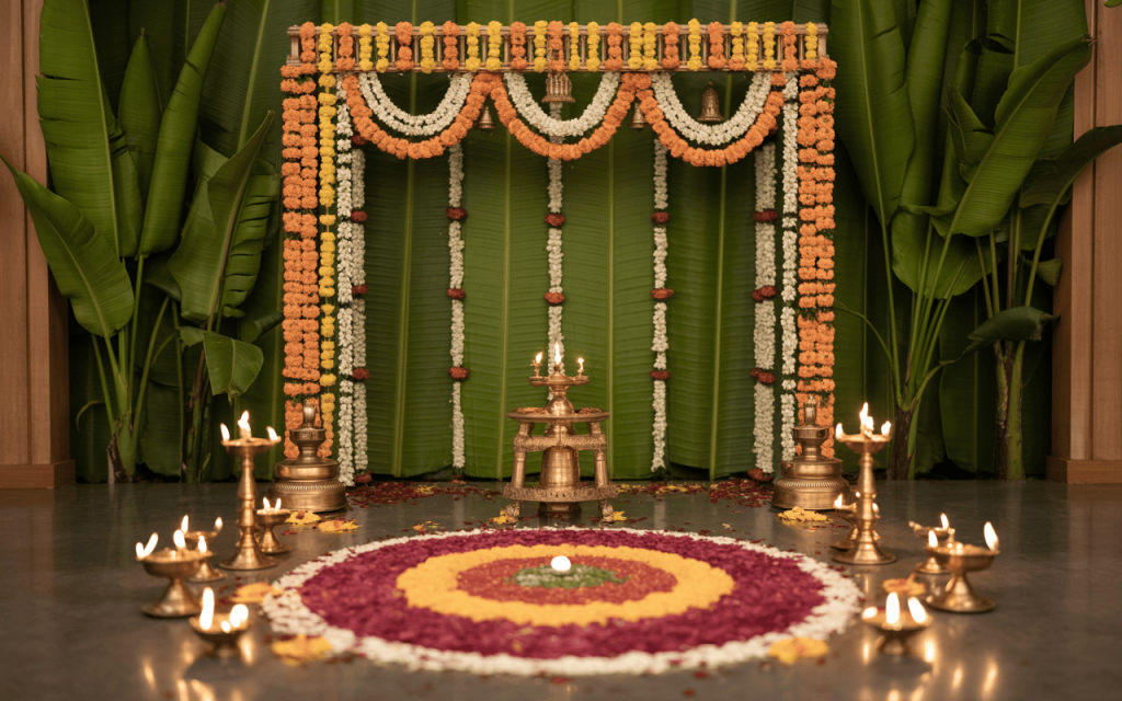 Traditional navratri mandir decoration with rangoli, diyas and flower backdrop