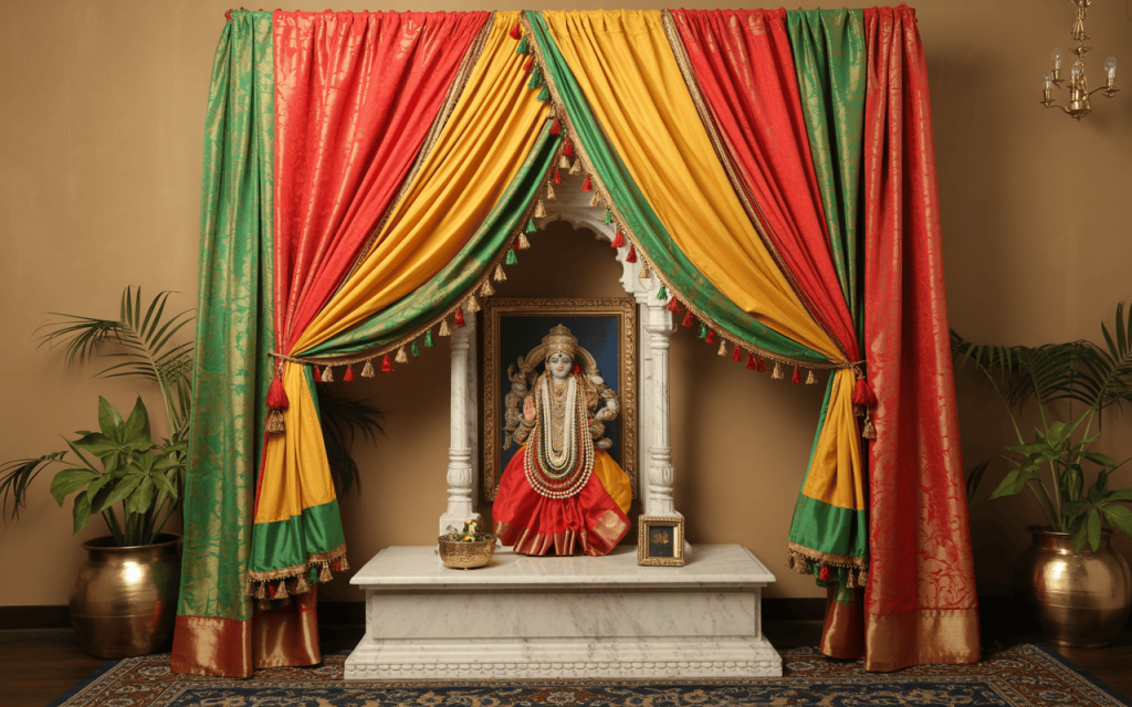 Colorful navratri home temple decoration with vibrant drapes and divine idol