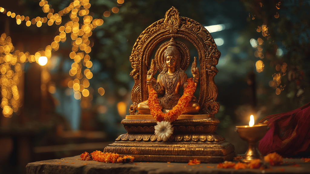 Festive navratri mandir decoration with lights and flowers around divine idol
