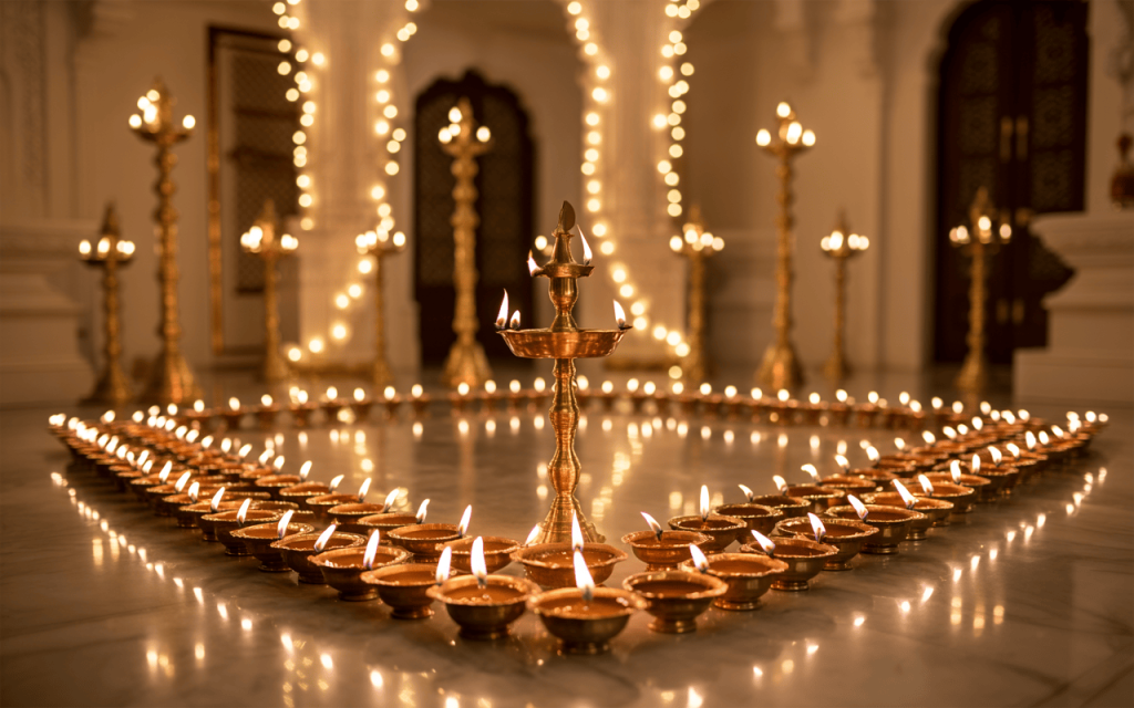 Glowing navratri mandir decoration with brass lamps in a grand temple setting