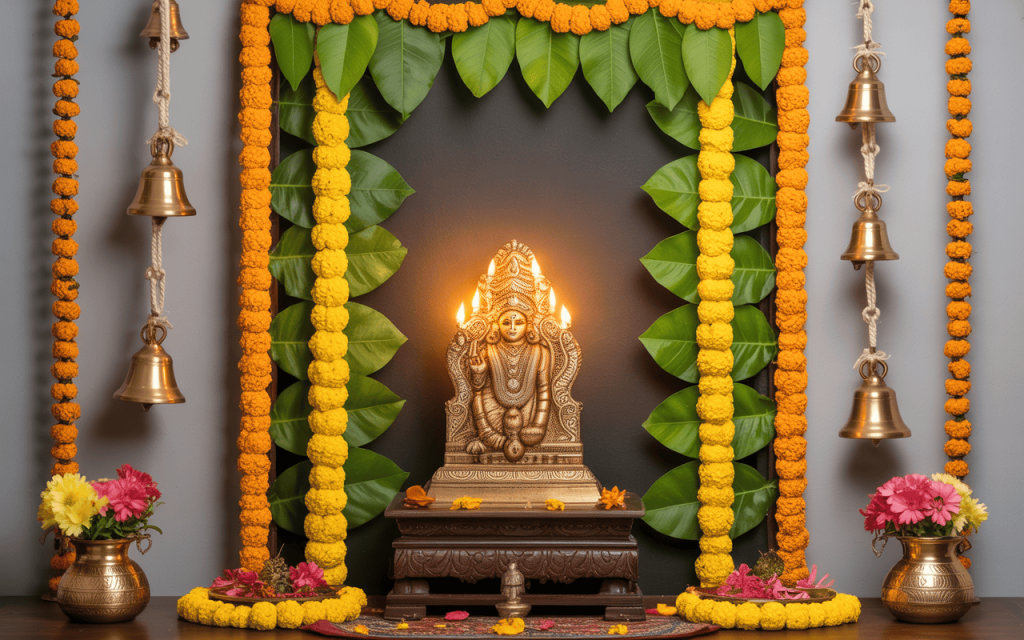 Elegant navratri mandir decoration with bells, marigold garlands and glowing idol