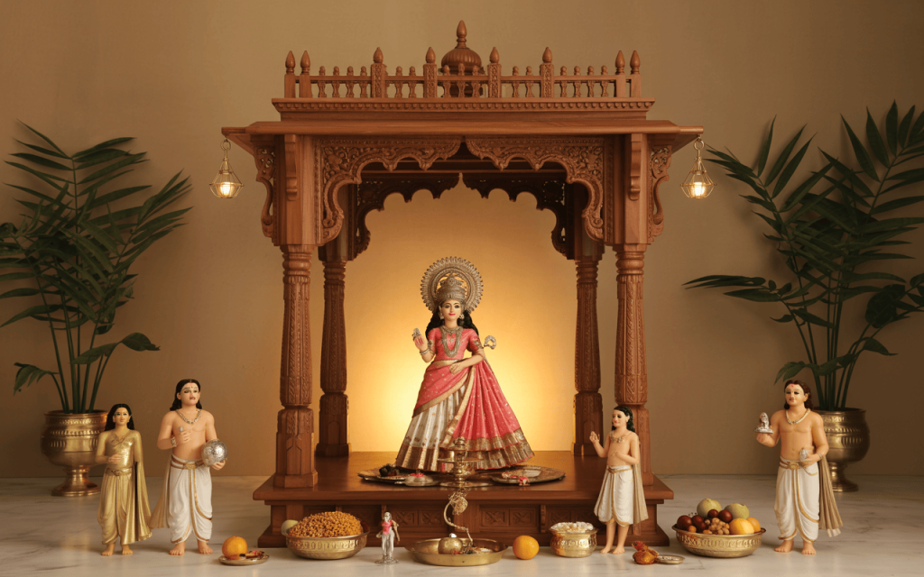 Graceful navratri mandir decoration at home with wooden temple and figurines