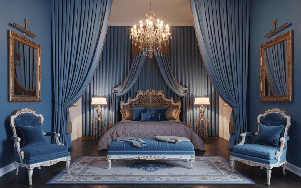 Royal navratri day wise colours shown through elegant blue bedroom decor