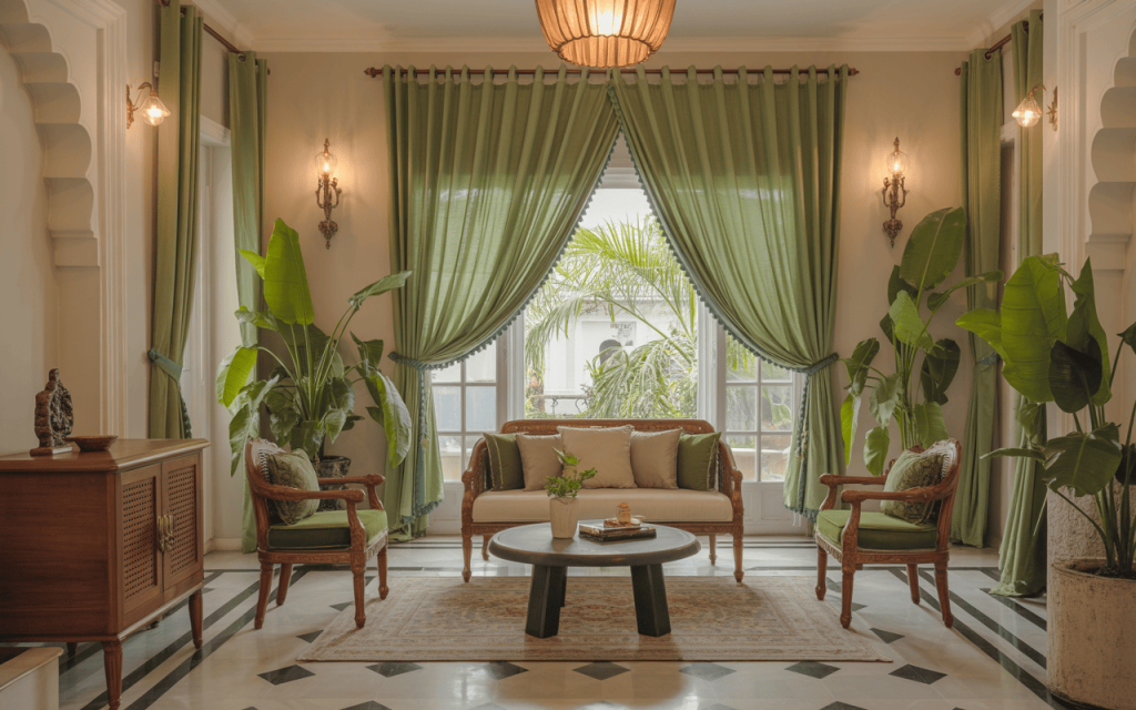 Graceful navratri day wise colours with serene green-themed living room decor