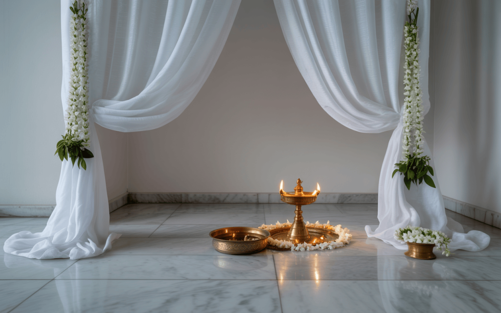 Graceful navratri colours significance setup with white drapes and floral décor