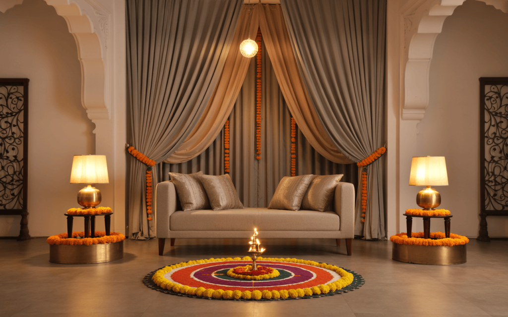 Elegant navratri nine colours rangoli decor with marigold and festive lighting