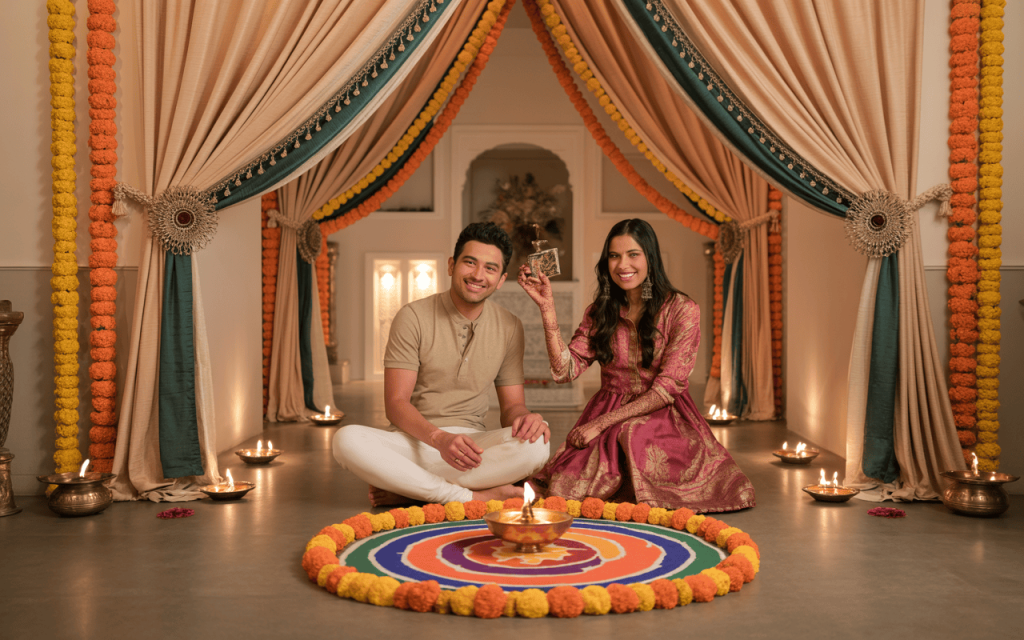 Festive navratri nine colours celebration with rangoli and traditional attire