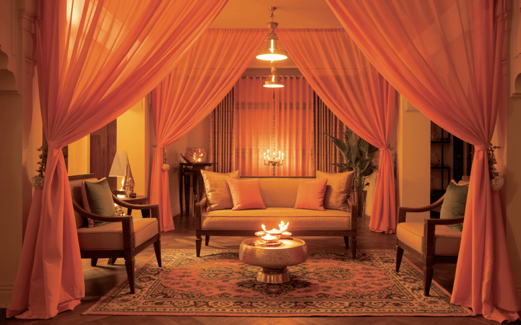 Vibrant navratri day wise colours with elegant orange festive room decor setup