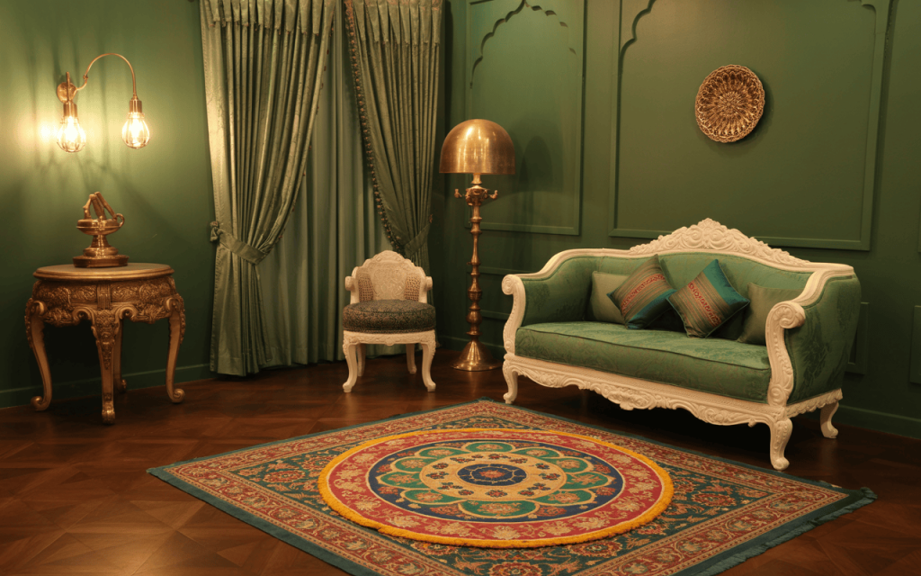 Elegant navratri day wise colours decor with royal green festive living room