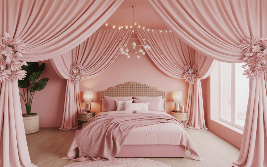 Dreamy navratri day wise colours bedroom décor in soft pink with floral drapes