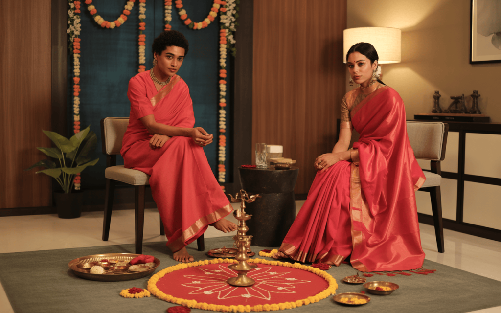 Elegant red colour significance in navratri shown through attire and rangoli design
