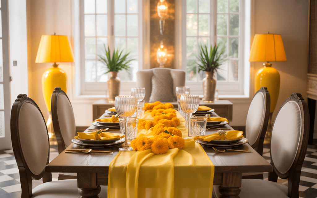 Elegant navratri day wise colours with joyful yellow dining table decoration