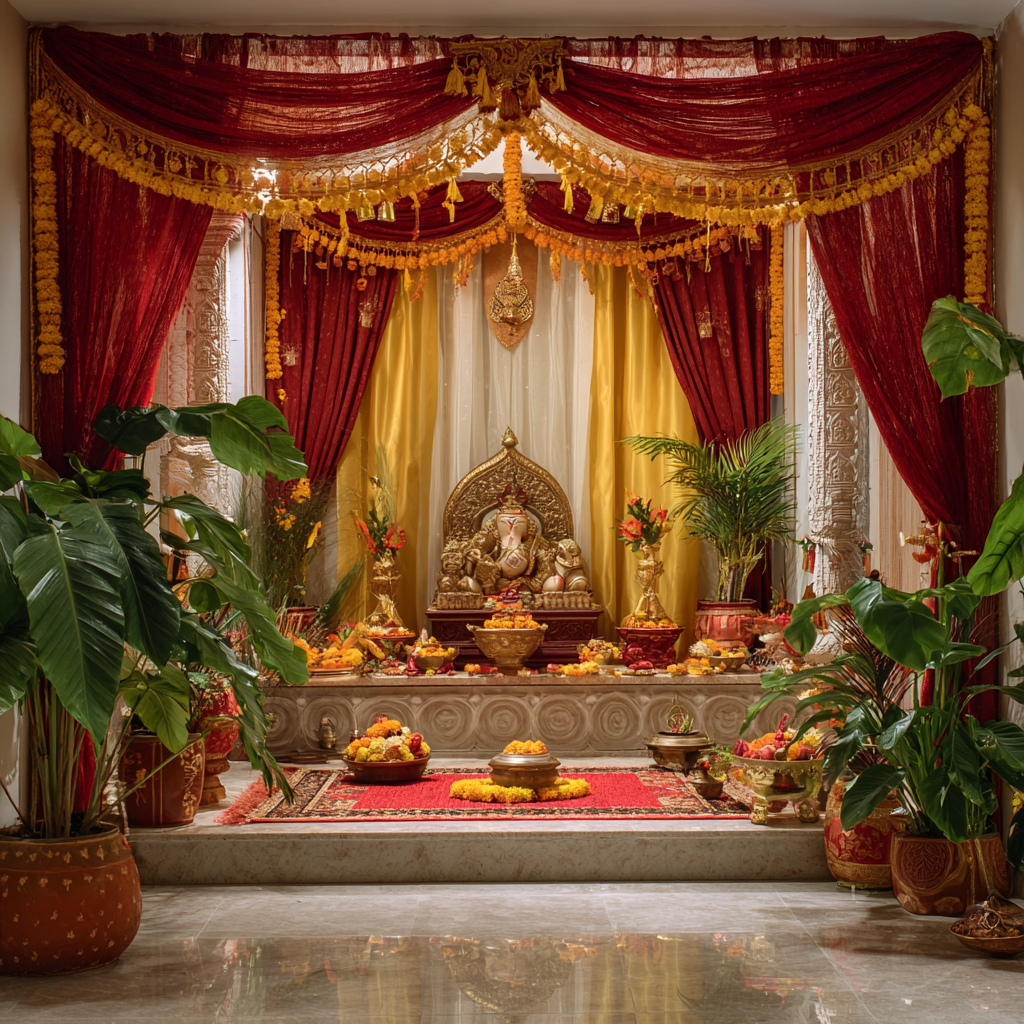Royal navratri home temple decoration with Ganesha idol, marigold and drapes