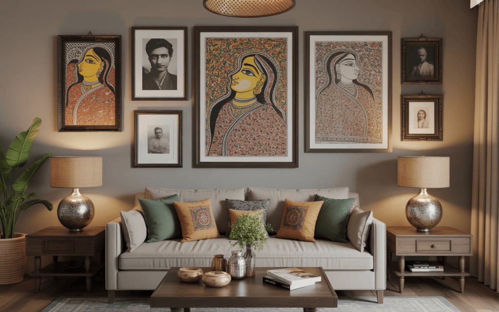 Artistic dussehra decoration tips for home with ethnic wall art and cushion décor