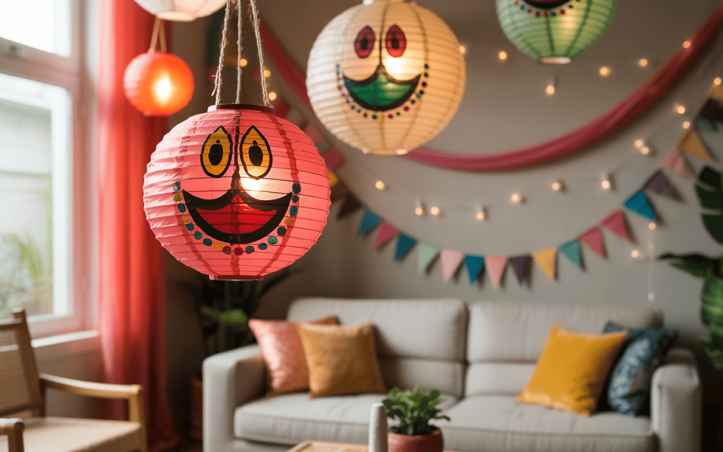 Playful dussehra theme decoration with smiley lanterns and festive buntings