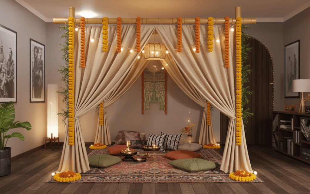 Cozy dussehra theme decoration with canopy, marigold garlands, and floor seating