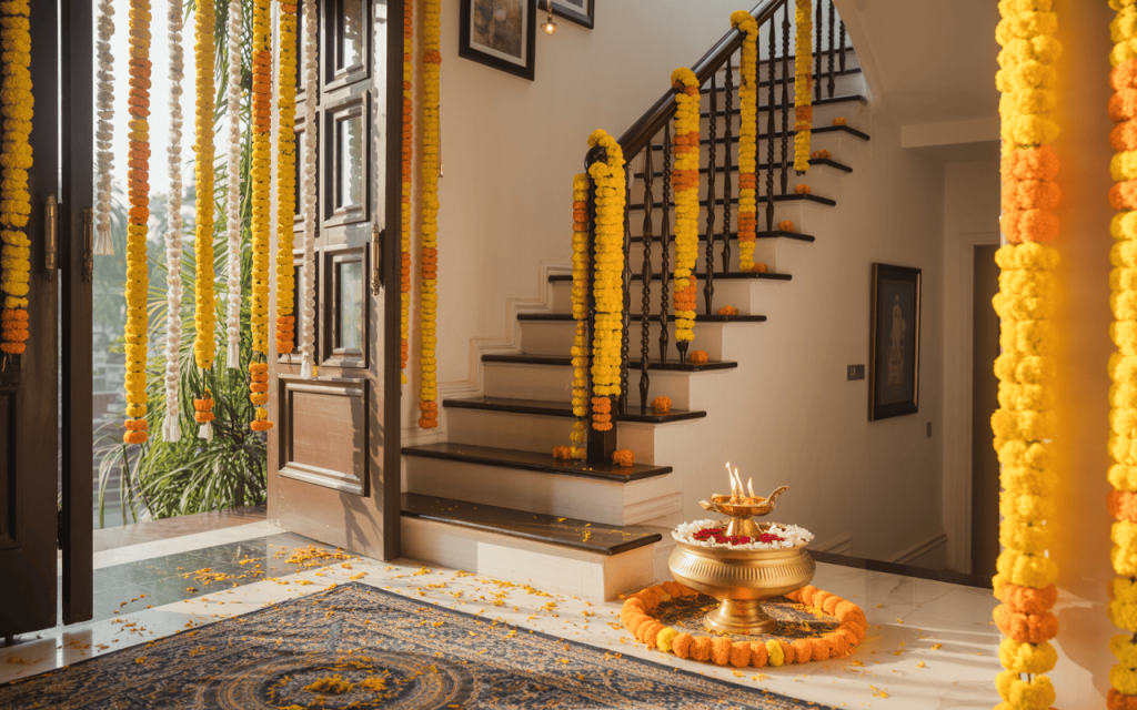 Bright dussehra decoration tips for home with garlands, urli, and stair accents