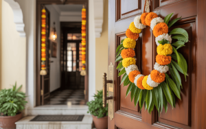 Welcoming dussehra decoration items with floral torans and vibrant marigold garlands
