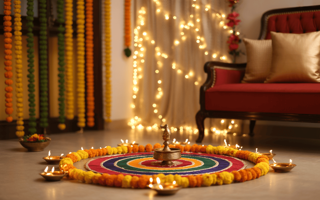 Radiant dussehra theme decoration with rangoli, diyas, and floral backdrops