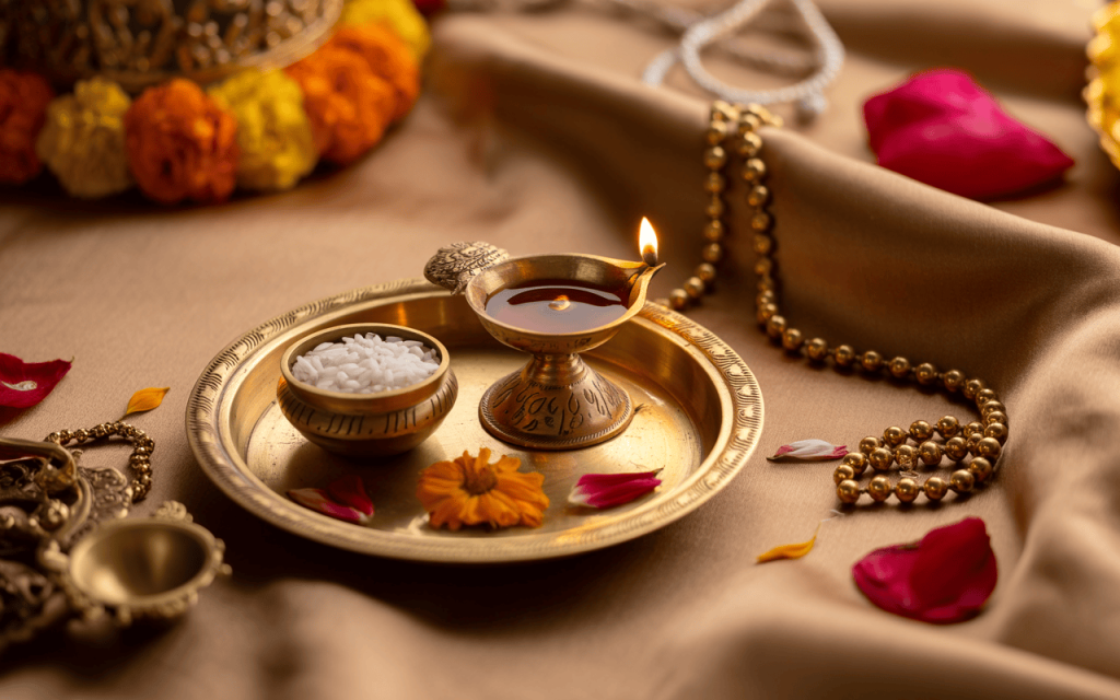 Traditional dussehra decoration items featuring diya thali with rice and petals
