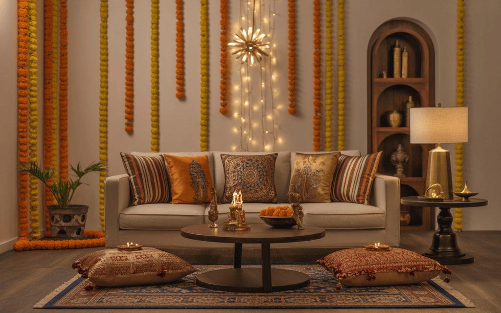 Elegant dussehra decoration tips for home with cushions, diyas, and marigold garlands
