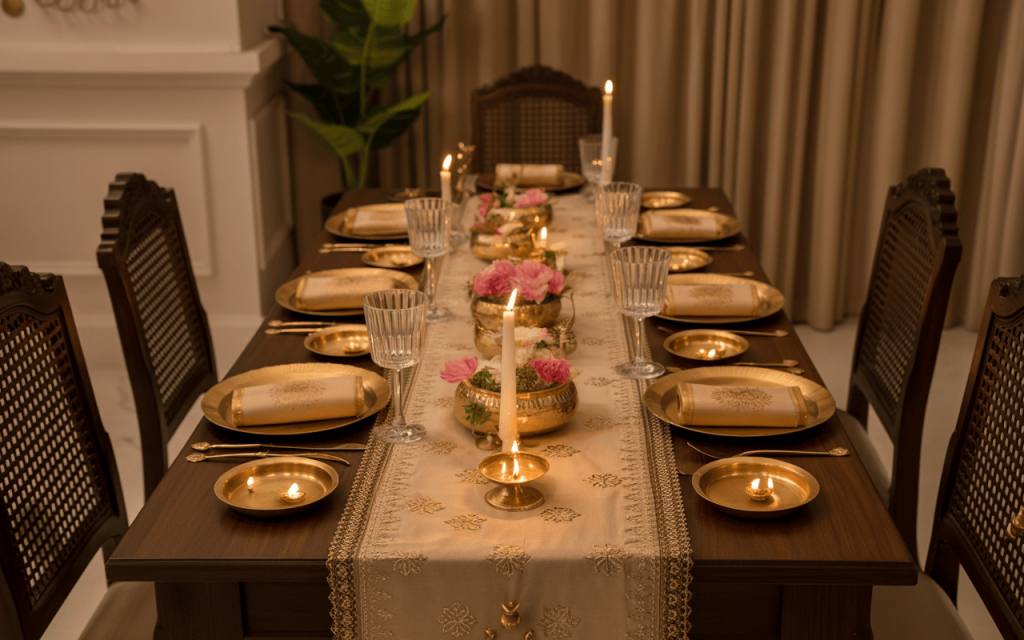 Elegant dussehra party tips with gold dinnerware, diyas, and floral centerpiece
