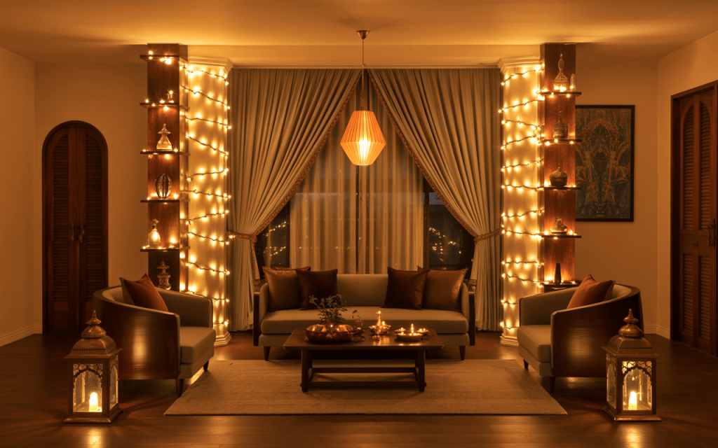 Elegant dussehra party tips with lanterns, diyas, and warm festive lighting decor