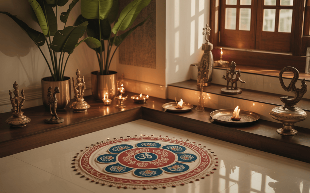 Elegant dussehra decoration tips for home with brass idols and rangoli design