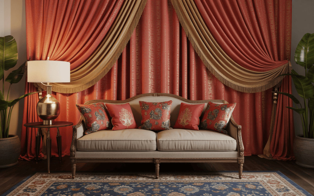 Luxurious dussehra theme decoration with ethnic cushions, curtains, and warm tones