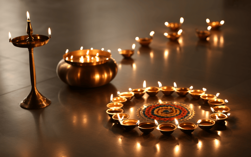 Radiant dussehra decoration tips with diyas arranged in a circle around a rangoli