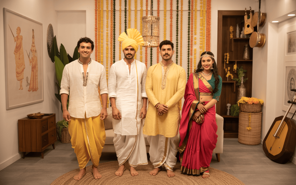 Group dussehra party tips with festive outfits and floral backdrop at home