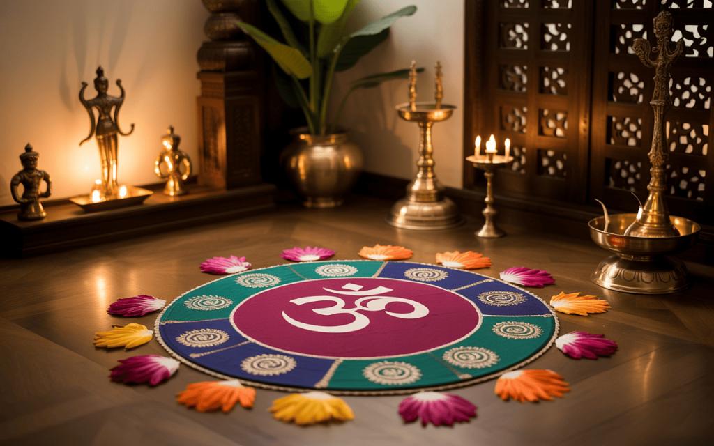 Traditional dussehra decoration items with rangoli and brass lamps in a pooja setup