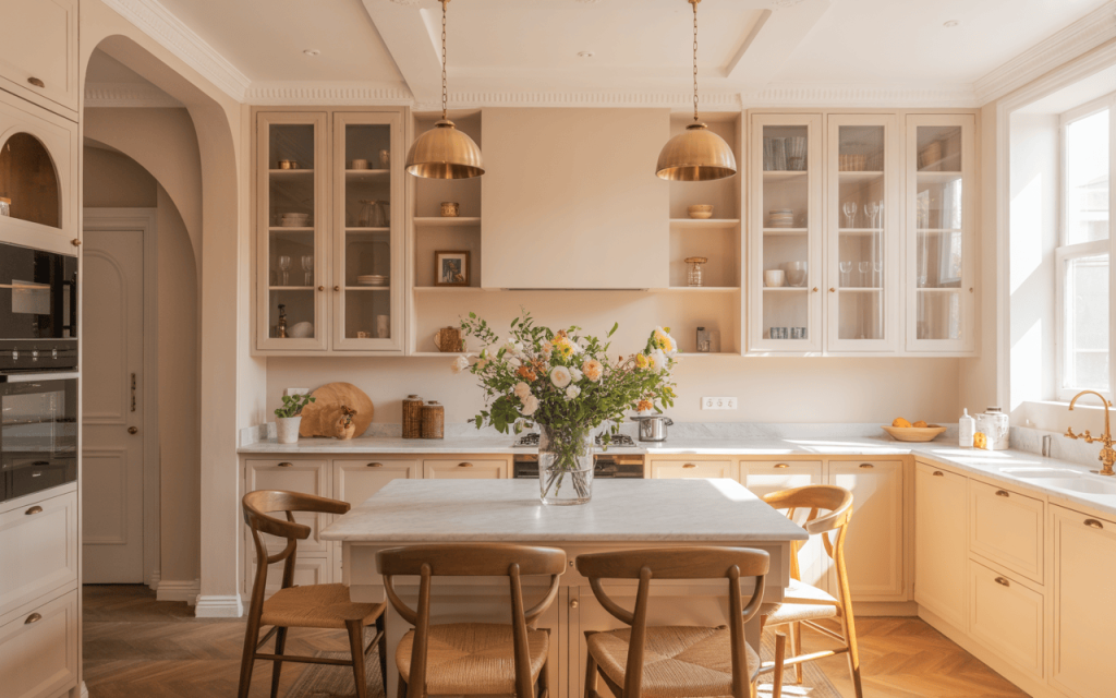 Elegant kitchen glass door cabinet design ideas with soft lighting and wood tones