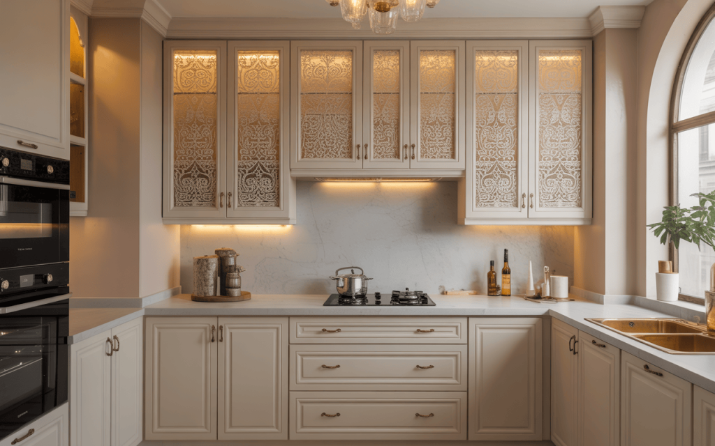 Elegant kitchen door glass etching design with intricate floral cabinet patterns