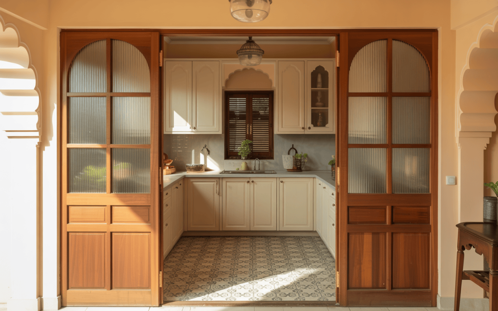 Traditional kitchen glass door design with arched wood frames and natural lighting