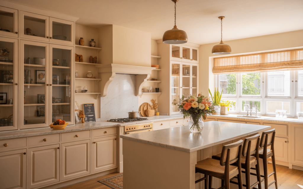 Charming kitchen glass door cabinet design ideas with soft light and floral decor