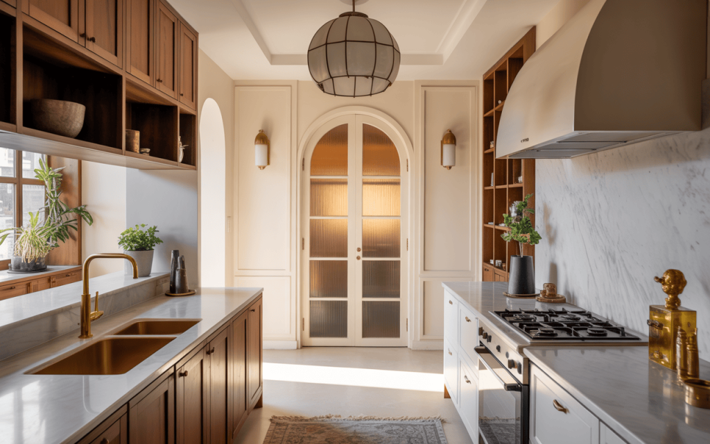 Elegant kitchen glass door design with natural light and wooden cabinet accents