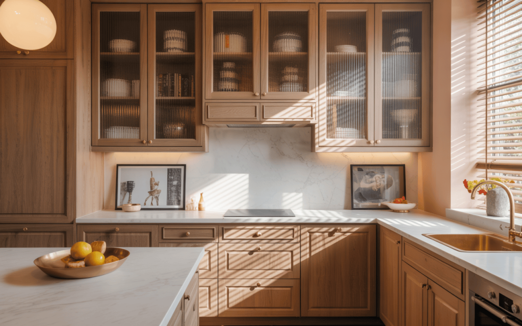 Warm kitchen glass door cabinet design ideas with soft light and wooden textures