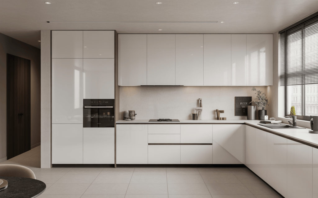 Minimalist modern kitchen glass door design with sleek white cabinets and sunlight