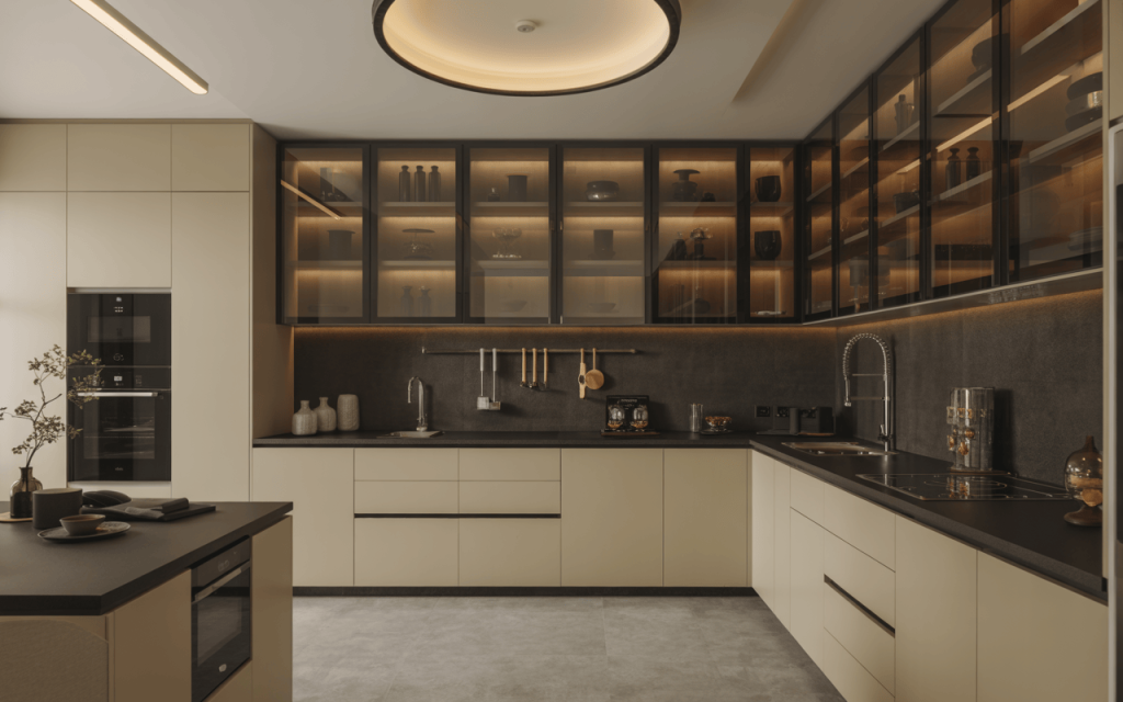 Contemporary modern kitchen glass door design with ambient backlit cabinets