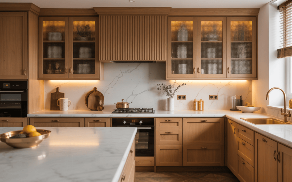 Elegant kitchen glass door cabinet design ideas with warm wood and marble finishes