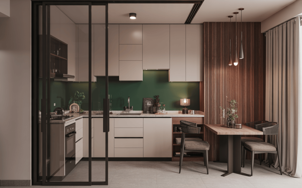 Cozy sliding glass door design for kitchen with wood panel and green backsplash